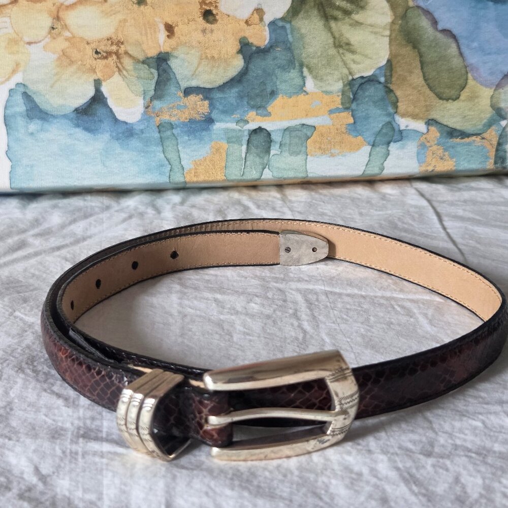 Brighton brown leather reptile textured belt silverplated hardware 40488